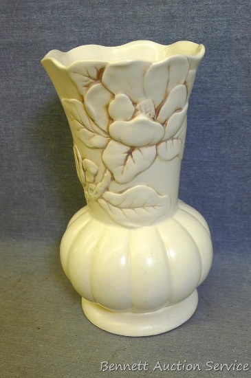 Magnolia pattern Red Wing art pottery vase stands approx. 10" tall and has one small chip noted on