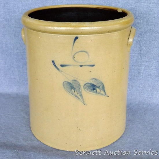 Six gallon salt glazed stoneware crock shows two leaves on front under number and is imprinted 'Red