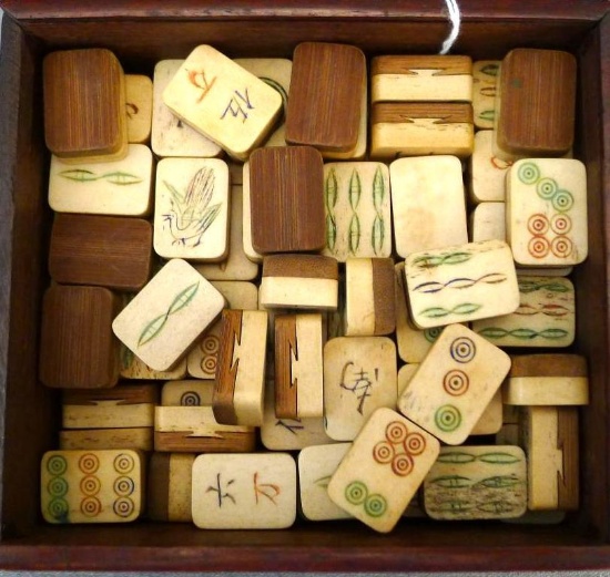 Mahjong tiles all stored neatly in a wooden box. Tiles each measure 1" x 3/4". Pretty pieces for