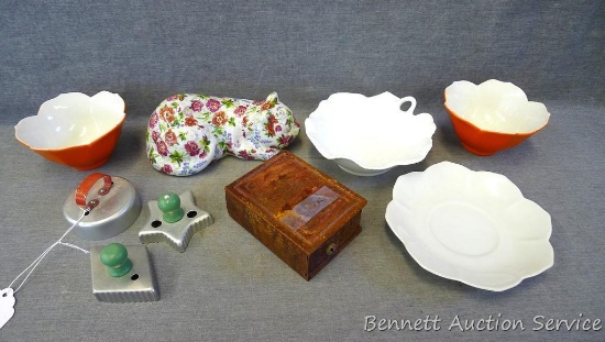 Antique coin bank, a few vintage cookie cutters, floral cat figurine, two bowls, handled bowl, more.