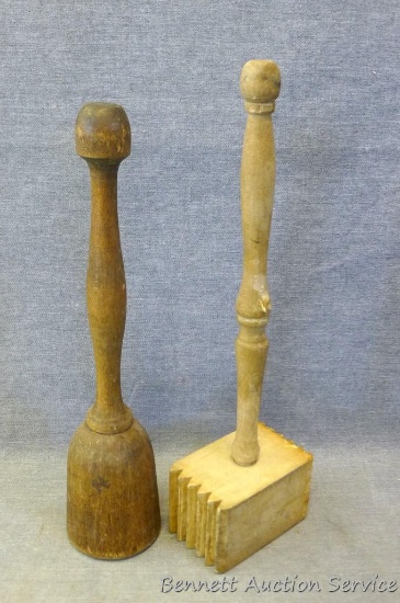 Neat old wooden potato masher and meat tenderizer. Tenderizer is 12-1/4" long.