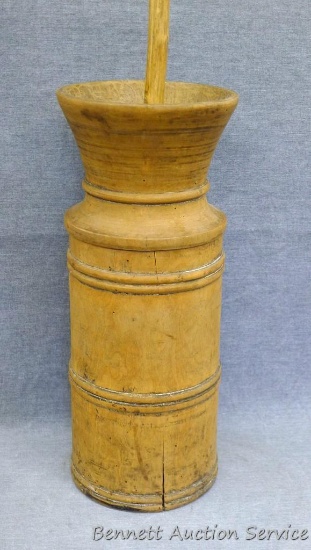 Antique wooden butter churn with dasher appears handmade. Stands 17" to rim, 41" to top of dasher
