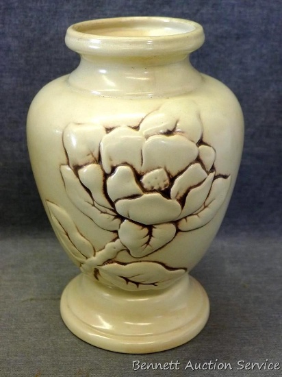 Red Wing magnolia pattern footed vase stands 7-3/4" tall and is in very good condition with no chips