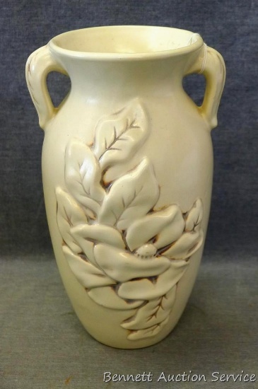 Red Wing magnolia pattern handled vase stands 9-1/4" tall, is marked on the bottom 1218 and is in