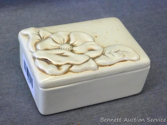 Red Wing magnolia pattern trinket box is marked on bottom 1233. Box measures 3-1/2" x 5" x 2-1/2"