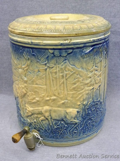 Stoneware 'Elk in the Forest' water cooler with pinecone lid is in great shape. Research tells me
