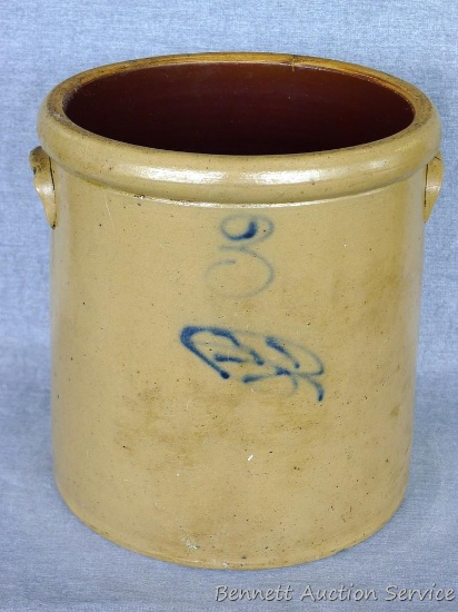 Three gallon salt glazed crock with leaf. Crock is in overall good condition with one small chip