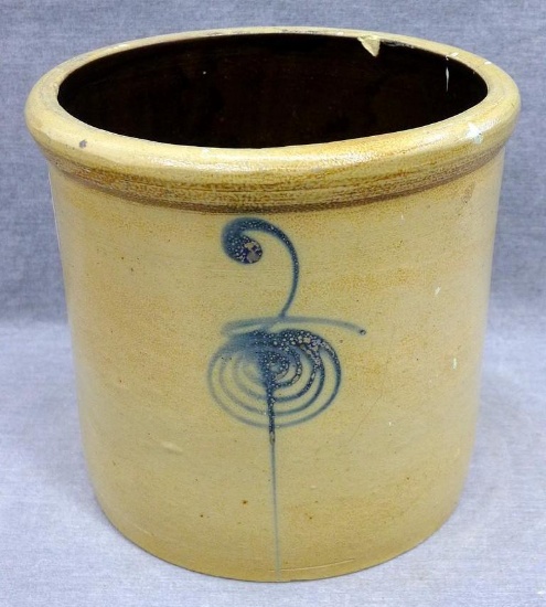 Two gallon salt glazed stoneware crock with bee sting design. Bottom is marked 'Minnesota Stoneware