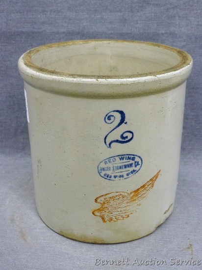 Red Wing Union Stoneware two gallon crock with large wing is in overall good shape with a few chips