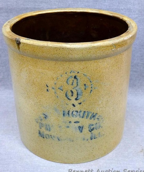 3 gallon salt glazed stoneware crock by Monmouth Pottery Co. of Monmouth, Ill. Crock is in good