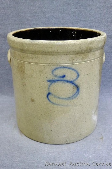 3 gallon salt glazed stoneware crock has a unique, decorative '3' on the front. Has a large repaired