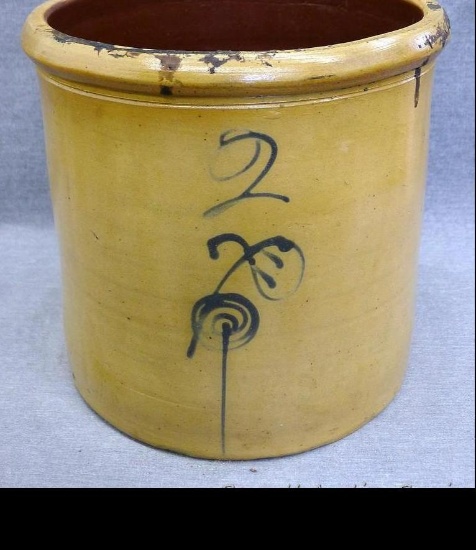 2 gallon salt glazed stoneware crock with cobalt design is in very good condition with no chips or