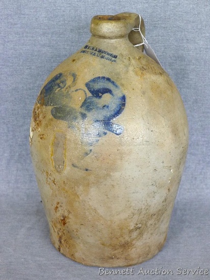 Salt glazed ovoid shaped 2 gallon stoneware jug is marked 'J.B. Maxfield Milwaukee'. Ovoid shape may