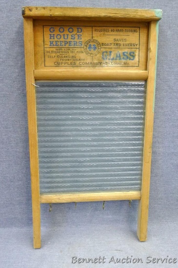 Wood and glass washboard advertises Good Housekeepers. In good condition with nice graphics, approx