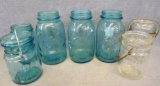 Blue Ball jars, bale top incl Atlas and Ball, more. Largest are one quart.