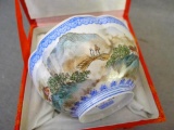 Egg shell porcelain Oriental scalloped bowl depicts bridge to island scene and comes with storage