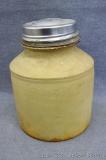 Unmarked stoneware fruit jar is in good condition. Stands approx. 9