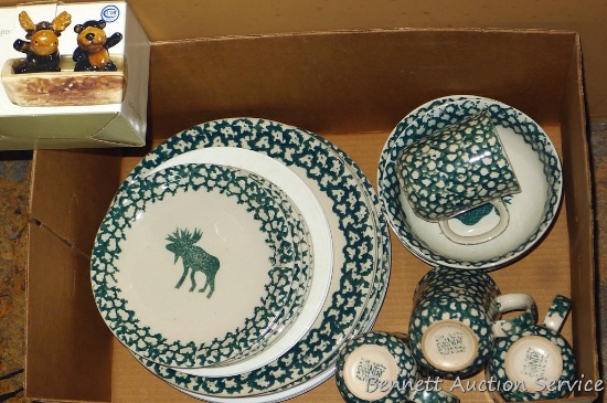 Set of four Folk Craft Moose Country dishes, Corelle plates, NIP Lodge salt and pepper shakers.