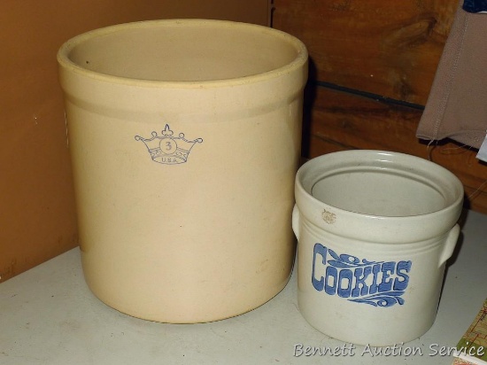 Three gallon Crown crock is in good condition with no chips or cracks noted. Plus a stoneware Cookie