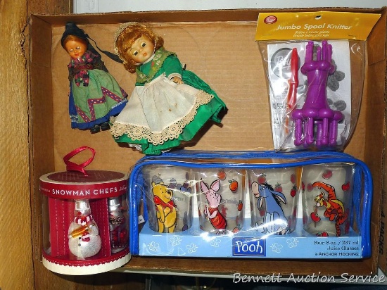 Winnie the Pooh juice glass set by Anchor Hocking; Boye jumbo spool knitter, NIP; snowman ornaments;