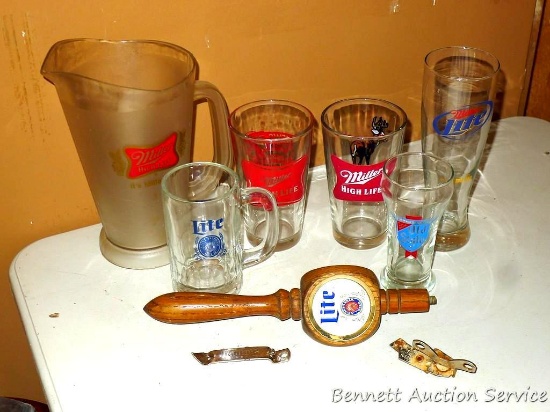 Wooden Lite tap handle; beer glasses including Miller High Life, Old Style, and Miller Lite, more.