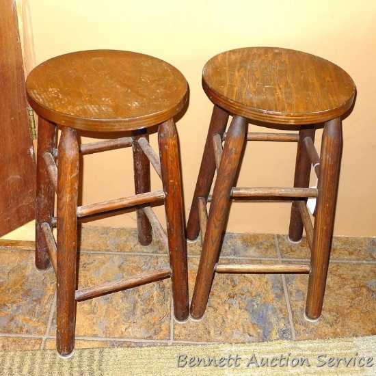 Two wooden stools are both 24"x 12-1/2". Sturdy stools show use, scratches noted.
