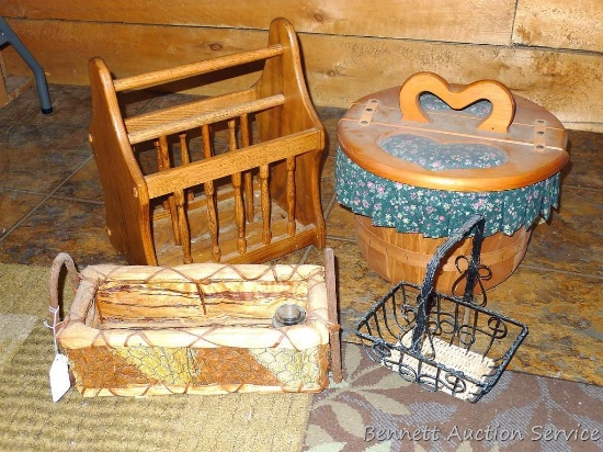 Magazine rack, sewing basket and two more. Round basket 15-1/2"x 10-1/2", magazine rack needs a
