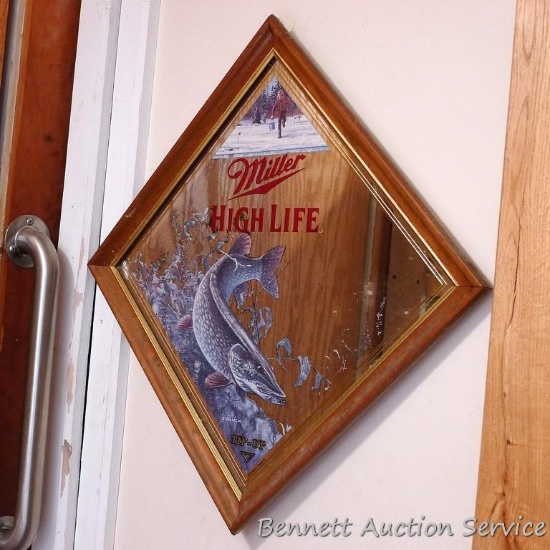 Miller High Life beer mirror with Northern and ice fishing tip-up scene.
