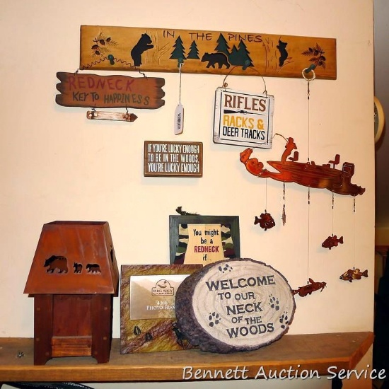 Northwoods d?cor includes copper mobile, candle box, Big Sky Carvers 4x6 photo frame, resin welcome
