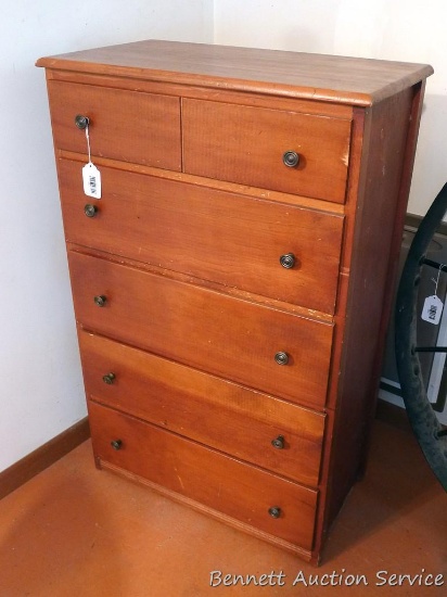 Five drawer wooden dresser is approx 41"x 14"x 14". Shows use, could use a face lift but is still
