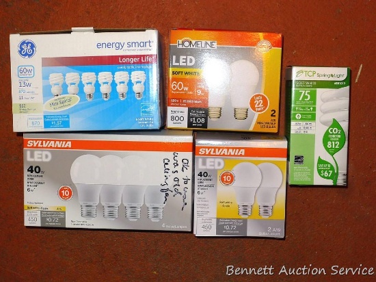 Assorted styles and brand of lightbulbs include GE 60w, Sylvania 40w, Holeline 60w, more.