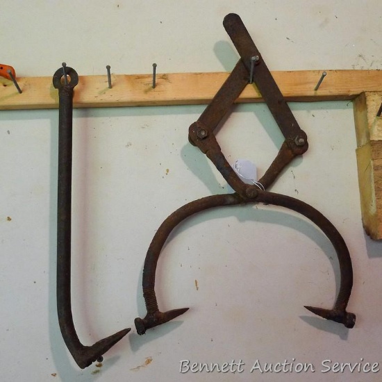 Homemade hand logging tongs, opens up to 10-1/2". Homemade log turner 14-1/2" long. Make nice