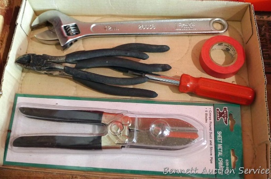 Popular Mechanics adjustable wrench, 12"; Sheet metal crimper appears NIP; assortment of pliers
