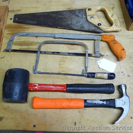 Assortment of hand tools including rubber mallet, fiberglass handled Popular Mechanics claw hammer,
