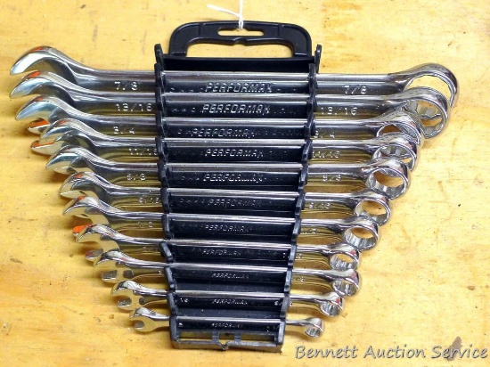 Assortment of combination wrenches, Performax largest is 7/8", appear new.