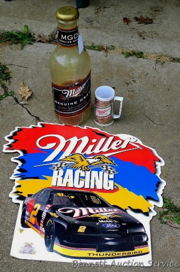 Miller genuine draft coin bank stand 20" tall and more; Miller racing sign approx. 2ft; Miller beer