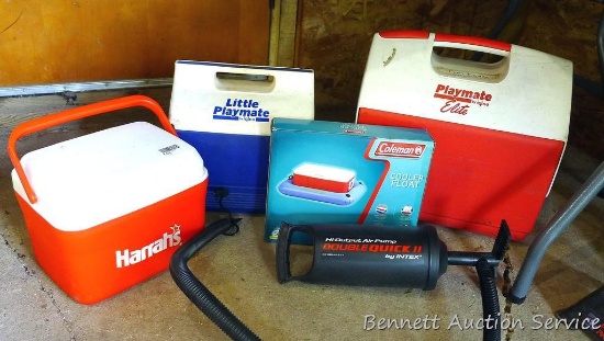 Assortment of coolers includes Little Playmate; Playmate Elite; Coleman Cooler float; Double Quick