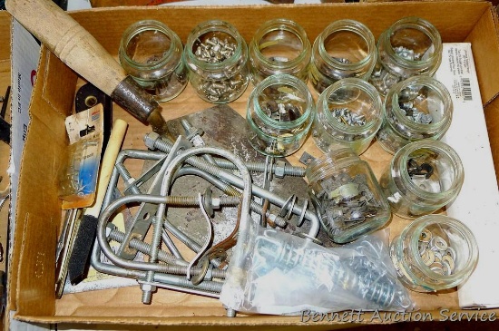 Assortment of small screws and washers, C-clamps, mason trowel and more.