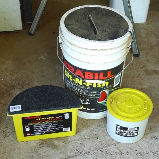 Frabill 4-1/2 quart minnow bucket; Frabill Sit and Stow portable storage seat; Frabill Sit and Fish