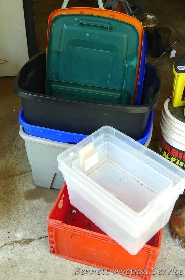 Assortment of plastic totes. Largest is 20 gallon. Includes some lids.