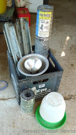 Two galvanized chicken feeders with 50' chicken wire NIP; heat lamp; waterer.