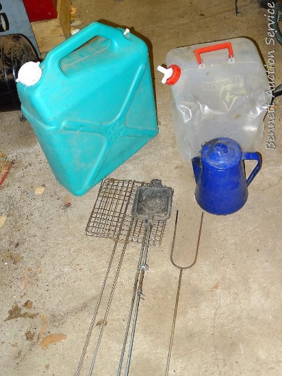 Metal campfire roasting sticks; collapsible water jug; campfire enamelware coffee pot 9" tall.
