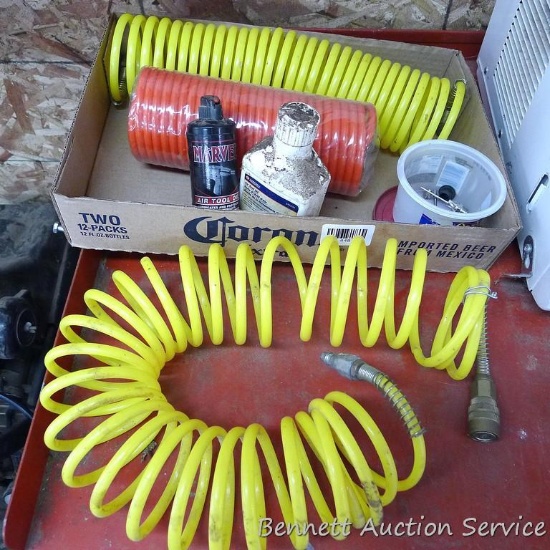 Assortment of plastic air hoses. One is NIP. Also air tube oil.