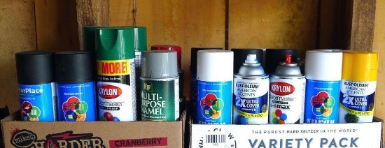 No Shipping. Assortment of spray paint cans. Colors include black, yellow, red, white and more.