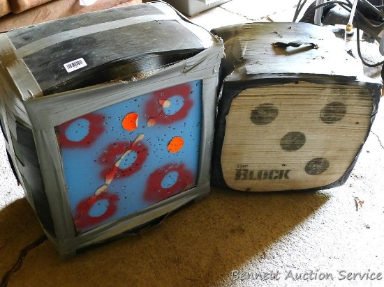 Foam bow targets. Larger measures 20" x 13" x 21" and has duct tape around edges. Block bow target