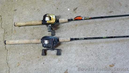 Two fishing rods with reels. One Vantage XL rod. They have SHIAMO reels. Longest is 75" tall.