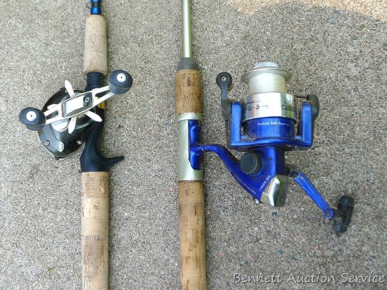 Two fishing rods with reels. One Cabela's Tourney Trail IM7 rod, one Mitchell graphite rod. One has