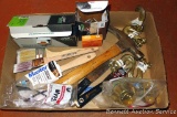 Miscellaneous handyman's lot incl screws, large nails, paintbrushes, hammer, doorknob assembly, 4