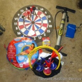 Dart board, includes darts; spring float papasan; set of Jarts; hand air pump.