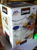 Pyrex set of clear glassware bowls and containers NIB.